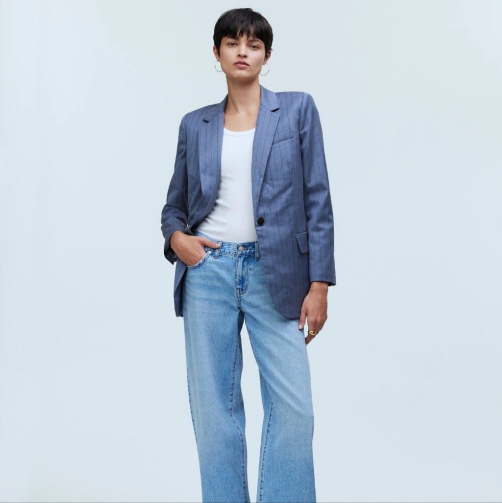 Euc Madewell Single-Breasted Blazer In Blue Yarn-Dyed Pinstripe Size 4